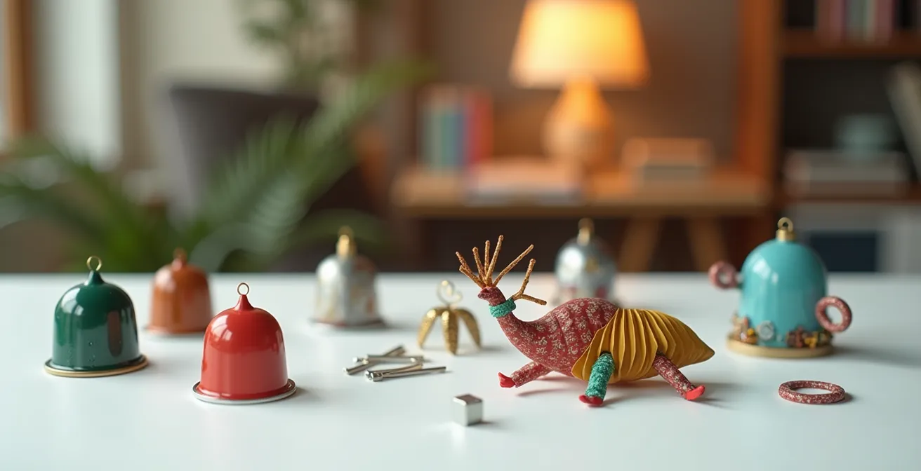 Détail en gros plan d'objets de bureau recyclés (capsules de café, trombones, post-it) transformés en créatures féeriques colorées, illustrant l'innovation créative et la responsabilité environnementale