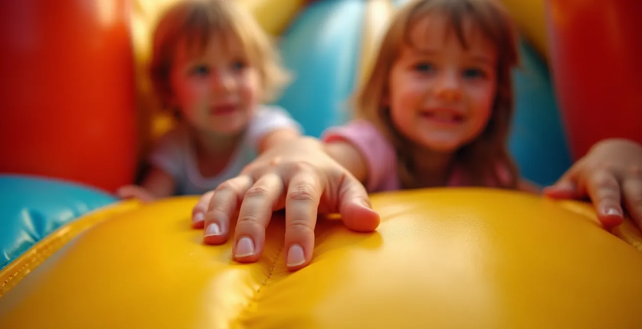 Gros plan sur les mains d'un enfant agrippant l'entrée d'un parcours gonflable avec hésitation