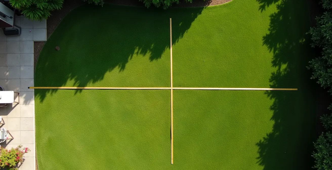 Vue aérienne d'un jardin avec mesures et zones de sécurité marquées pour installation structure gonflable