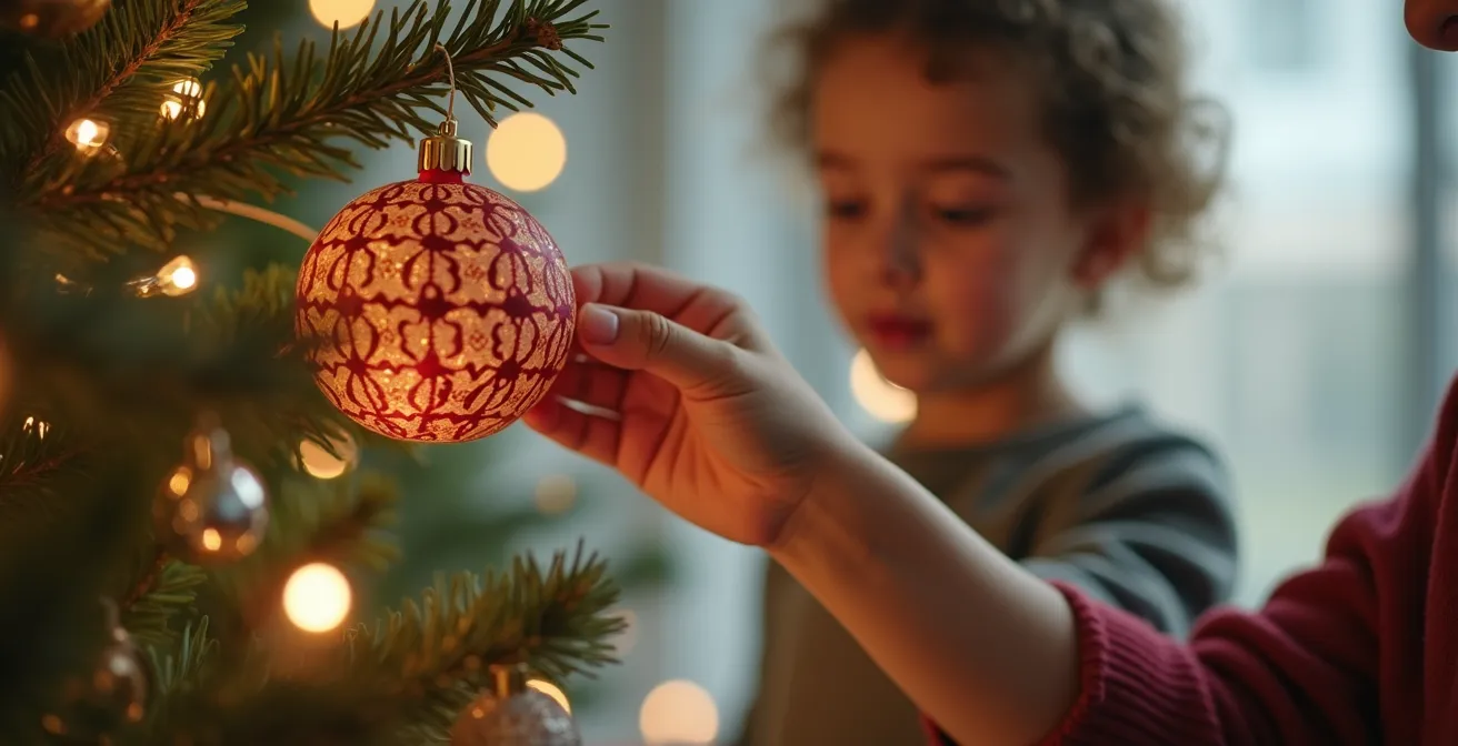 Famille réunie dans un atelier créatif de Noël en entreprise, enfants et parents décorisant ensemble le sapin avec des créations faites main et des matériaux colorés