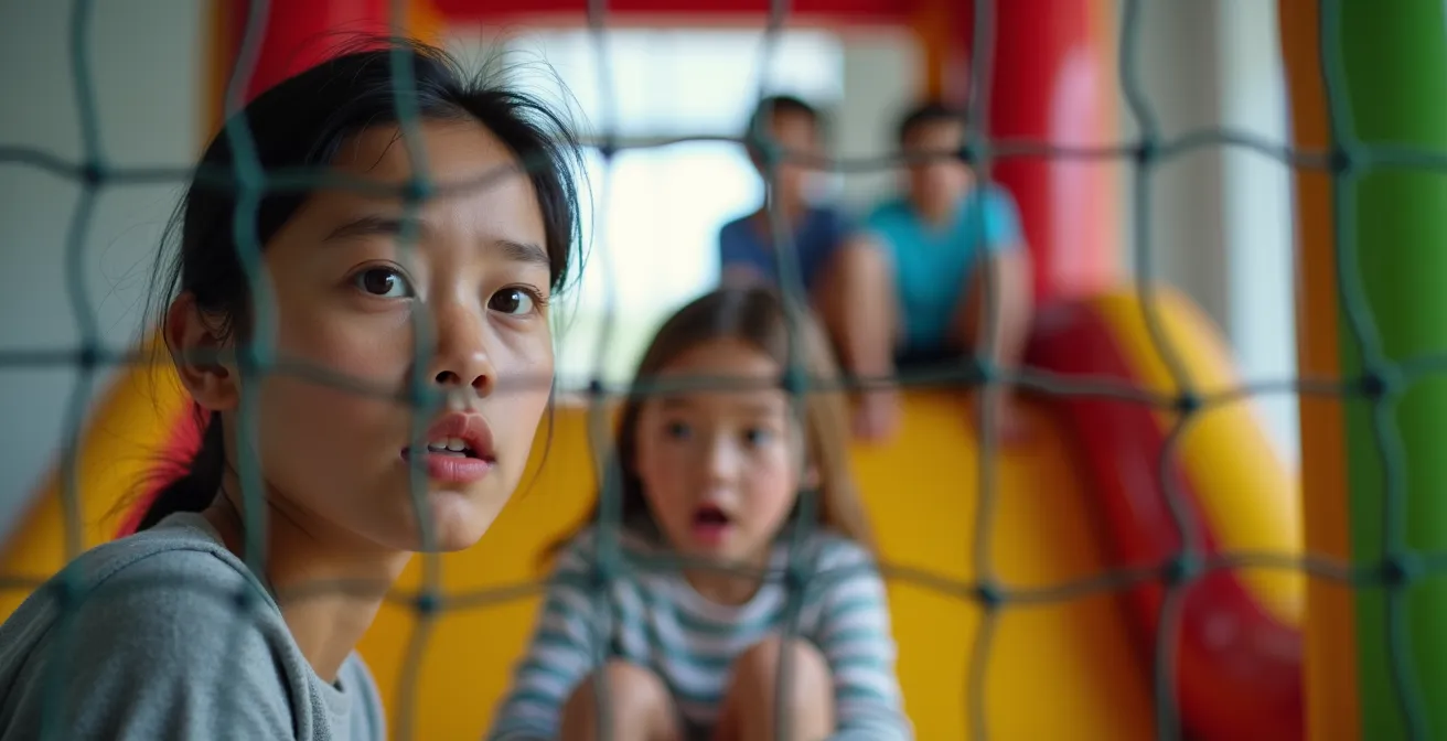 Parent observant des enfants jouant depuis l'extérieur d'une structure gonflable