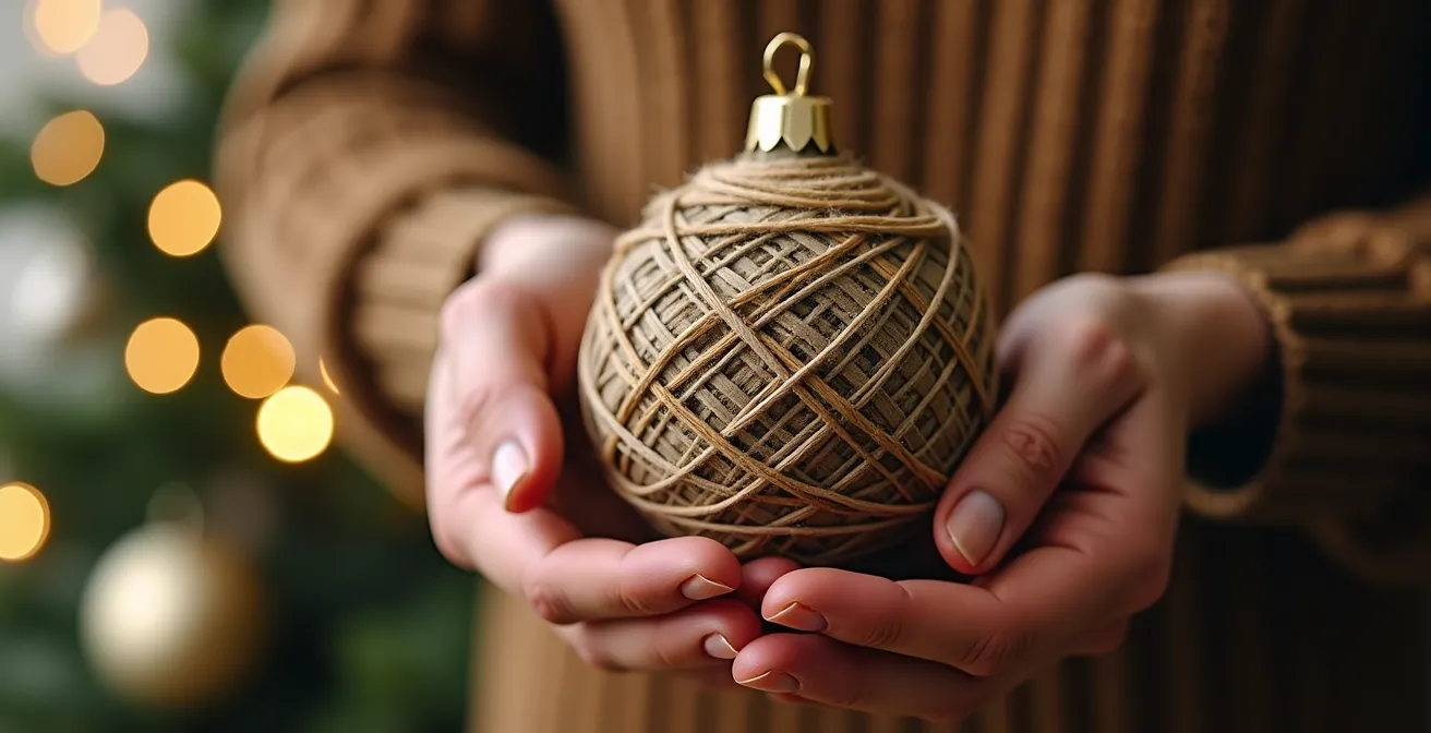 Vue macro d'une décoration de Noël artisanale fabriquée en entreprise, mettant en relief les textures fines du papier, des fils et des matériaux naturels entrelacés, témoignant du travail collectif
